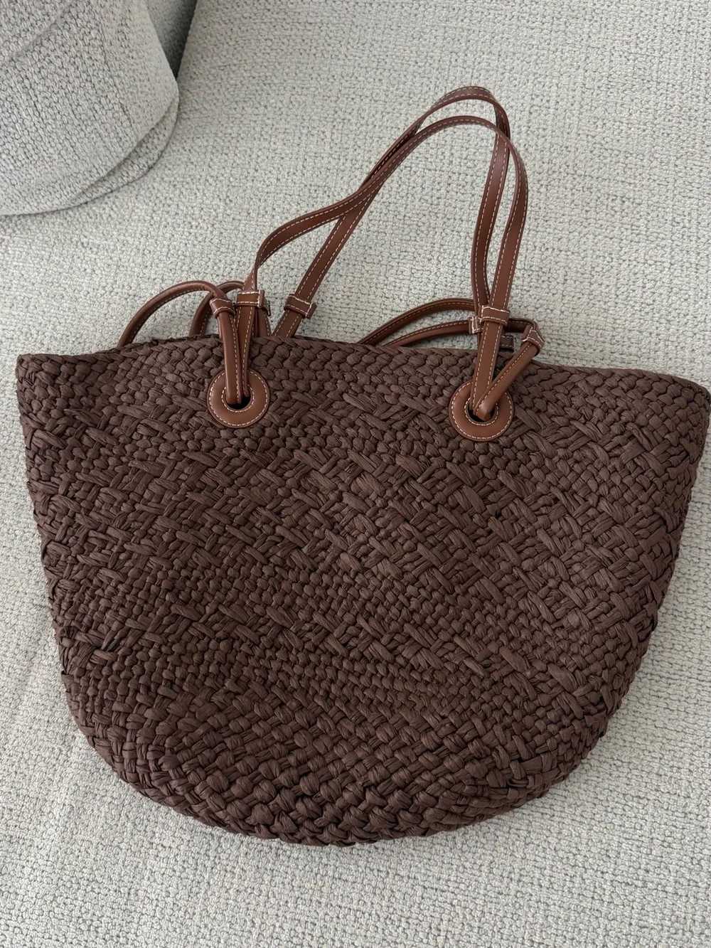 Woven Straw Tote Bag with Brown Leather Handles - Natural / Dark Brown - Picture 5 of 6
